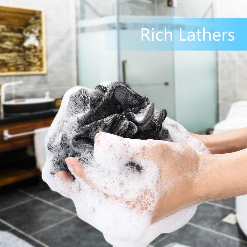 Yoget Bath Loofah Sponge, 4 Pack Black 60G Shower Mesh Ball Soft Pouf Body Scrubber, Exfoliate, Cleanse, Soothe Skin, Black Loofah with White Trim - Image 4
