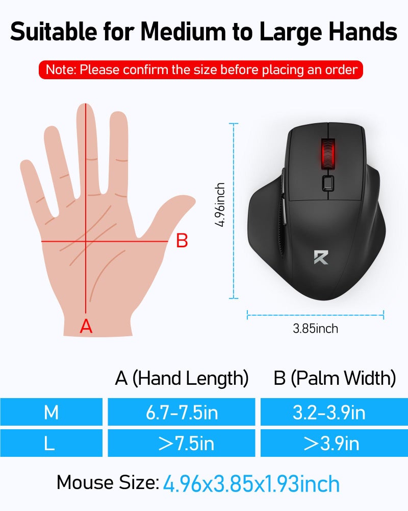 Redragon Big Wireless Mouse for Medium to Large Hands, 2.4GHz Ergonomic Computer Mouse, 6 Buttons, 4000 DPI, Full Sized USB Optical Mouse for Laptop, PC, Chromebook - Image 2