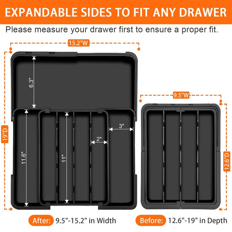 Spaclear Silverware Organizer - Expandable Kitchen Drawer Organizer, Utensil Drawer Organizer, Adjustable Plastic Flatware and Cutlery Holder, Kitchen Organizers Storage for Forks Knives, Black - Image 2
