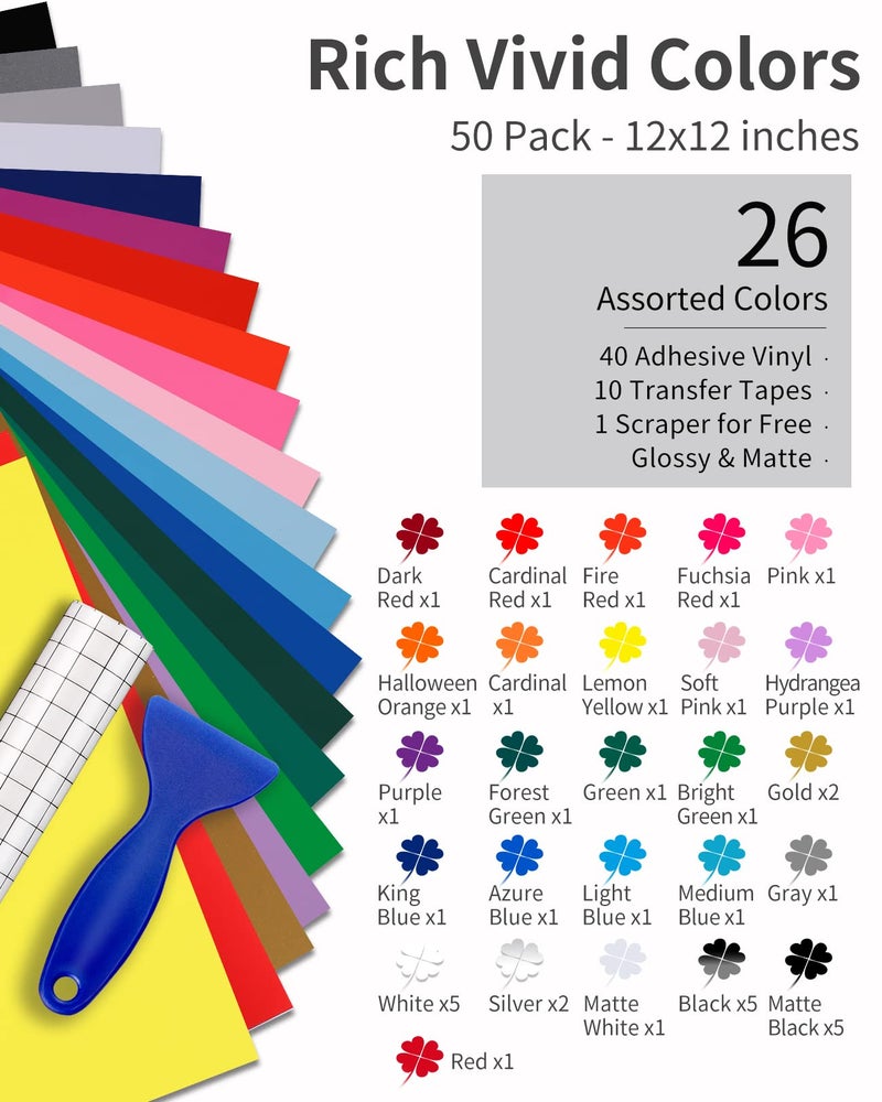 Sooez Permanent Vinyl (50Pack, 12"x12") - 40 Adhesive Vinyl (Matte & Glossy) + 10 Transfer Tapes 1 Scraper, Waterproof Outdoor for All Cutting Machine, Perfect for Home Party Decor - Image 2