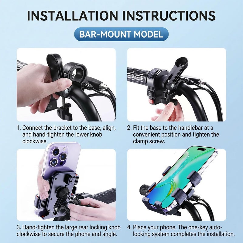 ToolHouse Motorcycle Phone Holder – Handlebar Mount for Motorbike, Electric and Bicycle – Anti Vibration Shockproof Cell Phone Clamp – 360 Degree Rotatable Navigation Stand Compatible with Smartphones - Image 4
