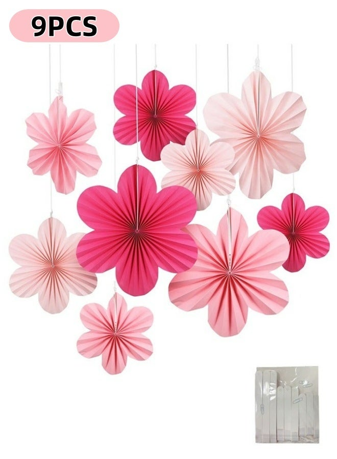 9PCS Paper Decorations Paper Flowers Fans Pom Poms Floral Backdrop Hanging Flowers Wall Decor For Weddings Birthdays Baby Shower Spring Tea Party Home Event Decor - Image 1
