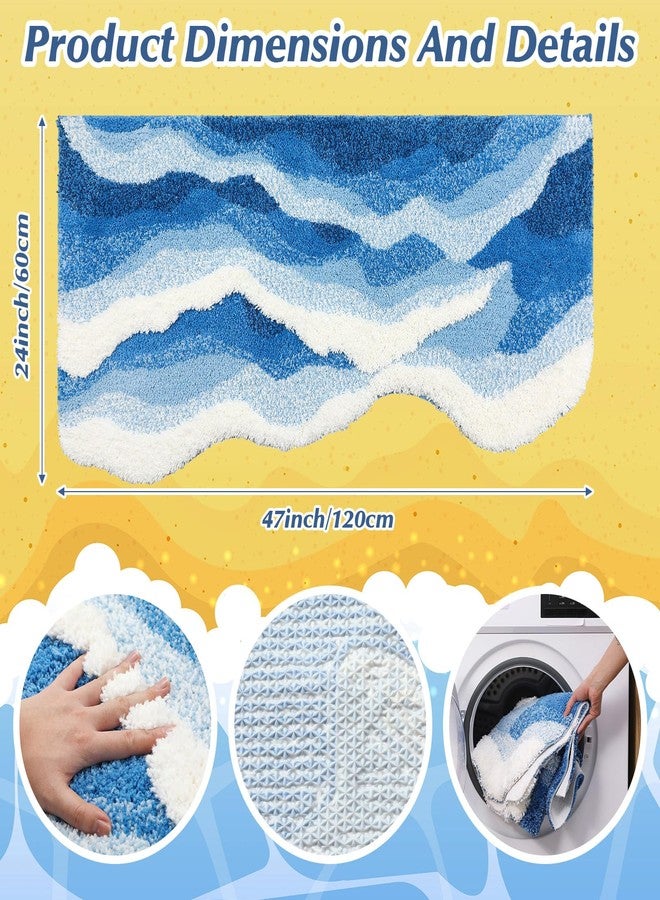 Tinideya Blue Ocean Rug 47 x 24 Inch Tufted Wave Cute Bath Mat with Nonslip Backing Funky 3D Ocean Bathroom Rug for Coastal Beach Nautical Themed Home Living Room Bedroom Kitchen Decor - Image 2