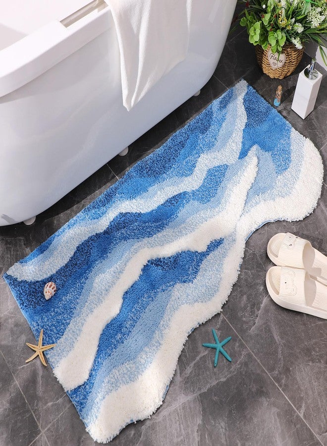 Tinideya Blue Ocean Rug 47 x 24 Inch Tufted Wave Cute Bath Mat with Nonslip Backing Funky 3D Ocean Bathroom Rug for Coastal Beach Nautical Themed Home Living Room Bedroom Kitchen Decor - Image 1