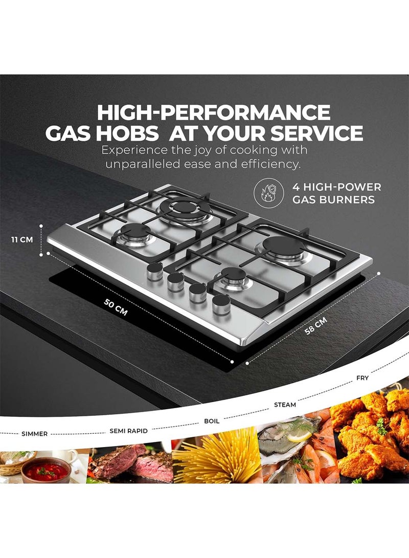 NIKAI 4 Burner Gas Hob With Auto Ignition, Cast Iron Support, Full Safety Features, Straight Flame, Stainless Steel Body, Rapid Burner, Semi-Rapid Burner, Auxiliary Burner NGH3005N Silver - Image 4