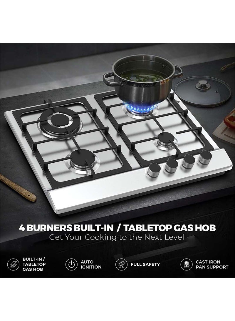 NIKAI 4 Burner Gas Hob With Auto Ignition, Cast Iron Support, Full Safety Features, Straight Flame, Stainless Steel Body, Rapid Burner, Semi-Rapid Burner, Auxiliary Burner NGH3005N Silver - Image 2