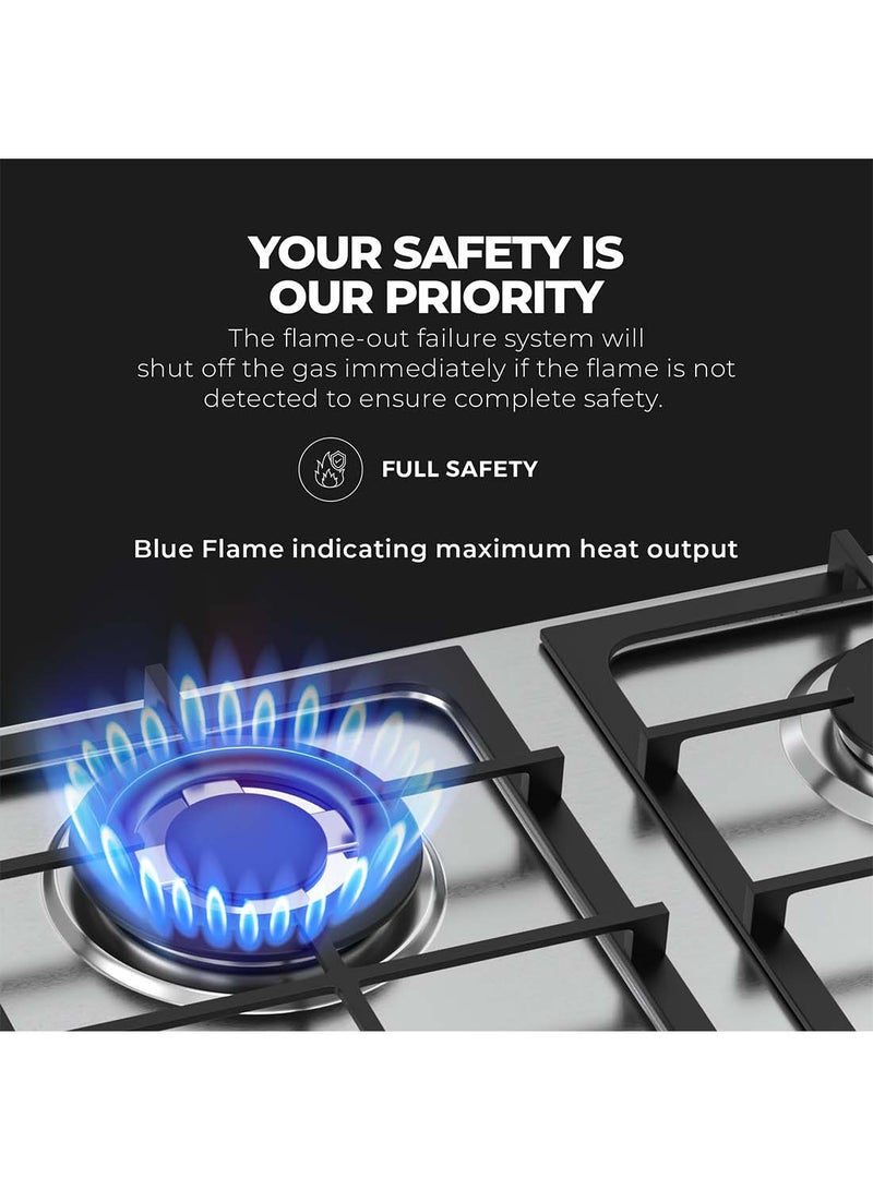 NIKAI 4 Burner Gas Hob With Auto Ignition, Cast Iron Support, Full Safety Features, Straight Flame, Stainless Steel Body, Rapid Burner, Semi-Rapid Burner, Auxiliary Burner NGH3005N Silver - Image 3