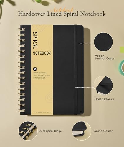 PAPEJOON Graph Spiral Journal Notebook, A5 Hardcover Spiral Journals for Women Men, 100 GSM Graph Paper Notebooks, 150 Pages Spiral Bound Grid Notebook for Writing Note Taking Work 5.75" x 8.38" Black - Image 2
