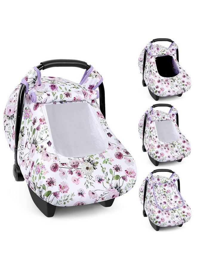 GFU Baby Car Seat Cover Winter, Windproof Carseat Covers for Newborn with 2 Layers Window, Purple Flowers Infant Car Seat Canopy for Boys and Girls with Minky Dot Backing, Keeps Babies Warm and Cozy - Image 1