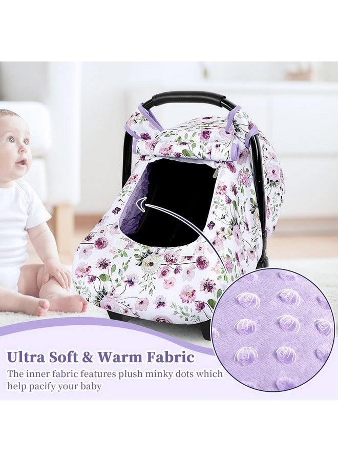 GFU Baby Car Seat Cover Winter, Windproof Carseat Covers for Newborn with 2 Layers Window, Purple Flowers Infant Car Seat Canopy for Boys and Girls with Minky Dot Backing, Keeps Babies Warm and Cozy - Image 2