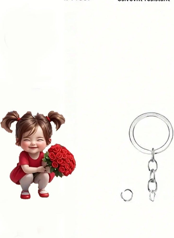 سلسلة مفاتيح بتصميم فتاة كرتونية تحمل باقة ورد حمراء – اكسسوار مناسب للسيارات والحقائب