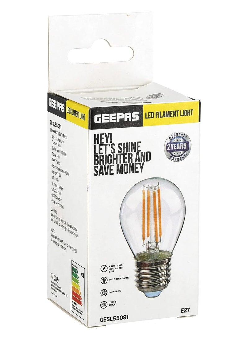 GEEPAS - Geepas GESL55091 LED Filament Light | 4W Power | Warm white | 15000 Hrs Lifetime | 3000k Color Temperature | 400lm Lumens | E27 Base Connector | CRI>80Ra - Image 1