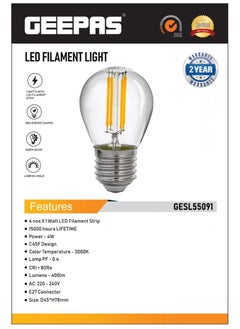 GEEPAS Geepas GESL55091 LED Filament Light | 4W Power | Warm white | 15000 Hrs Lifetime | 3000k Color Temperature | 400lm Lumens | E27 Base Connector | CRI>80Ra  - Image 3