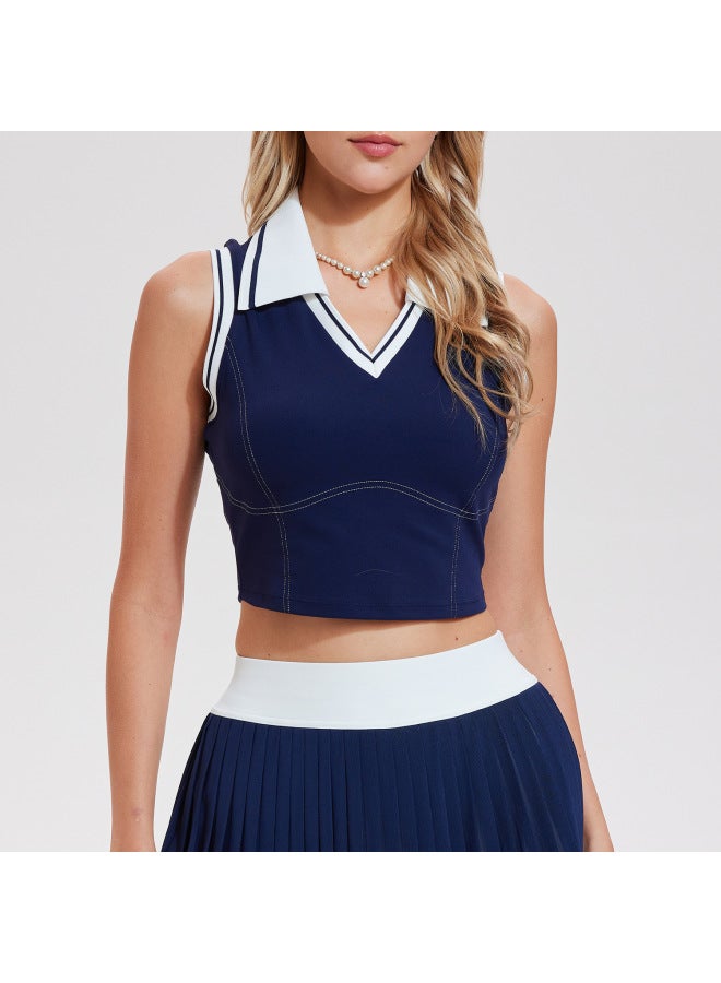 Retro Tennis Wear For Women With Chest Pads, Sleeveless Vest, Lapel Sports Quick-dry Fitness Yoga Wear, Hot Girl Simple Top