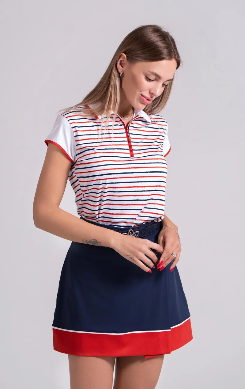 EGL EGL Women's Golf Polo T-Shirt - Blue With Maroon Stripe - Athletic Fit