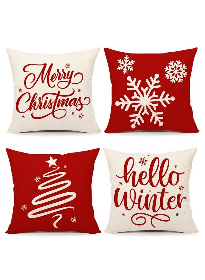 4TH Emotion Red Christmas Pillow Covers 18x18 Set of 4 Farmhouse Xmas Decorations Snowflake Hello Winter Holiday Decor Throw Cushion Case for Home Couch S24C17 - Image 1