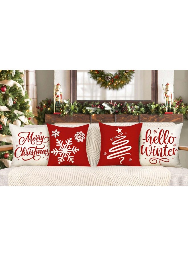 4TH Emotion Red Christmas Pillow Covers 18x18 Set of 4 Farmhouse Xmas Decorations Snowflake Hello Winter Holiday Decor Throw Cushion Case for Home Couch S24C17 - Image 2