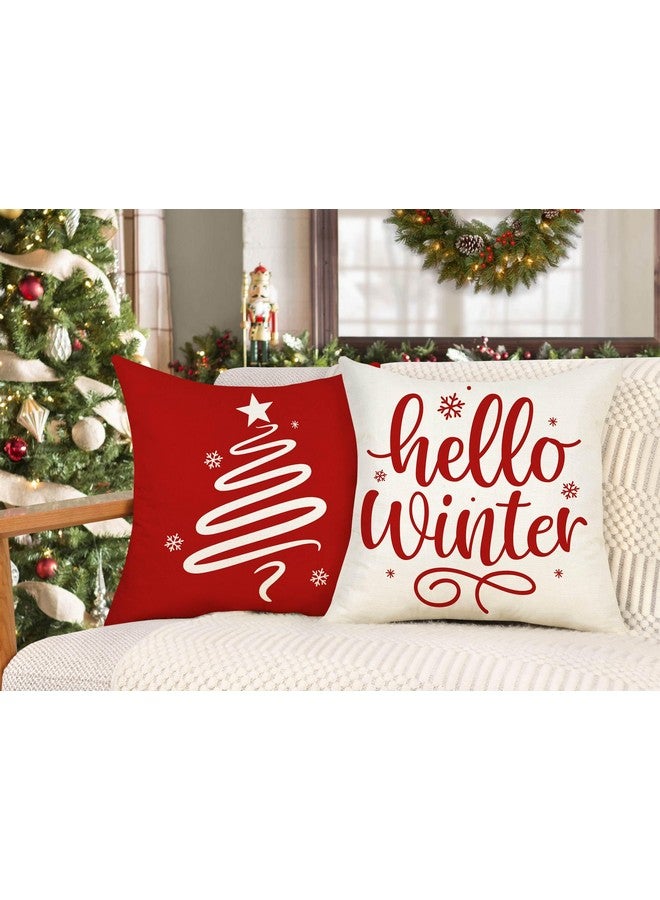 4TH Emotion Red Christmas Pillow Covers 18x18 Set of 4 Farmhouse Xmas Decorations Snowflake Hello Winter Holiday Decor Throw Cushion Case for Home Couch S24C17 - Image 4