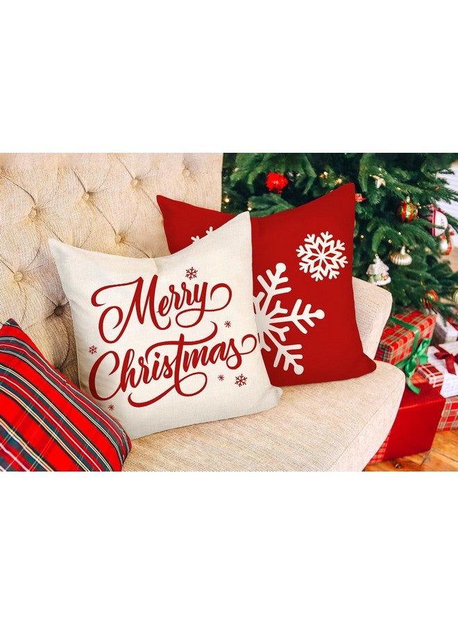4TH Emotion Red Christmas Pillow Covers 18x18 Set of 4 Farmhouse Xmas Decorations Snowflake Hello Winter Holiday Decor Throw Cushion Case for Home Couch S24C17 - Image 3