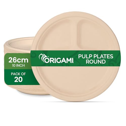 Origami 10 Inches Round Disposable Bagasse Paper Plates | Strong, Eco Friendly & Biodegradable Paper Plates | Perfect for Parties, Picnics & Festive Occasions - Pack of 20 Pcs - Image 1