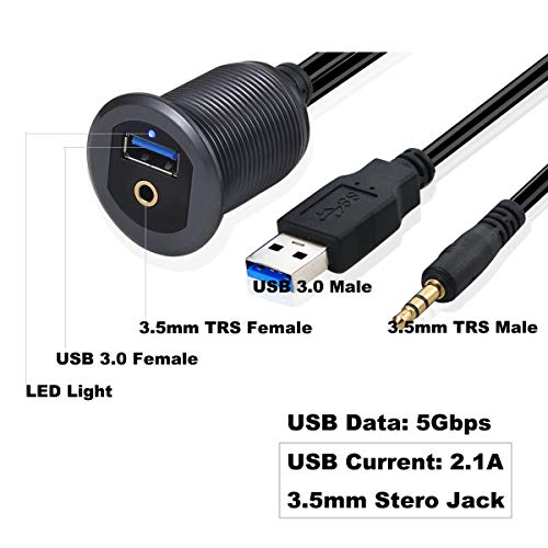 Kework 3.3ft USB 3.0 3.5mm Flush Mount Cable, USB & 3.5mm TRS Jack Male to Female Extender Dashboard Panel Mount Extension AUX Cord for Car Truck Boat Motorcycle, Gray Metal Shell, LED Light - Image 5