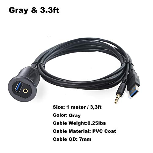 Kework 3.3ft USB 3.0 3.5mm Flush Mount Cable, USB & 3.5mm TRS Jack Male to Female Extender Dashboard Panel Mount Extension AUX Cord for Car Truck Boat Motorcycle, Gray Metal Shell, LED Light - Image 3