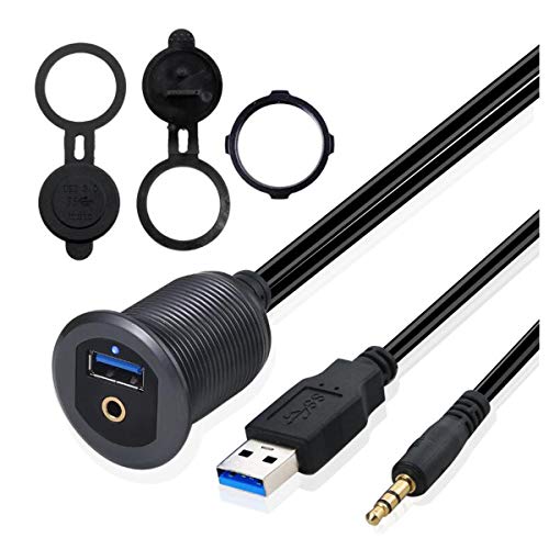 Kework 3.3ft USB 3.0 3.5mm Flush Mount Cable, USB & 3.5mm TRS Jack Male to Female Extender Dashboard Panel Mount Extension AUX Cord for Car Truck Boat Motorcycle, Gray Metal Shell, LED Light - Image 1