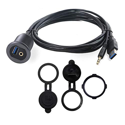 Kework 3.3ft USB 3.0 3.5mm Flush Mount Cable, USB & 3.5mm TRS Jack Male to Female Extender Dashboard Panel Mount Extension AUX Cord for Car Truck Boat Motorcycle, Gray Metal Shell, LED Light - Image 2