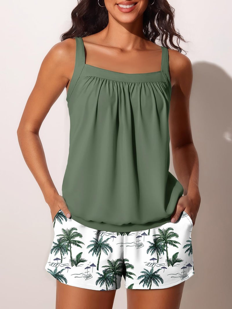 Summer Mae Blouson Womens Tankini Swimsuits 2026 Modest Tummy Control Bathing Suits Swim Shorts with Pockets for Beach Green Shadow Size 10 - Image 3