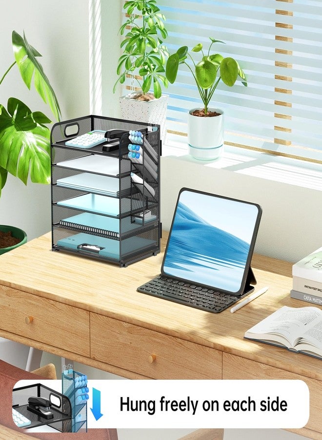 SUPEASY 6 Tier Desk Organizer with 4 Pen Holders, Mesh Paper Organizer Letter Tray with Handle, Desk Organizer Tray File Organizer for A4 File Folder, Black - Image 4