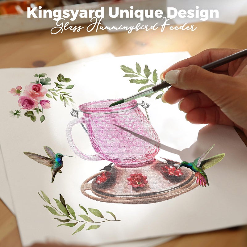 Kingsyard Glass Hummingbird Feeders for Outdoors, 16 Oz Wild Bird Feeder 6 Feeding Ports & Ant Moat Included, Hanging Bird Nectar Feeder for Garden Tree Yard Outside Decoration, Pink - Image 5