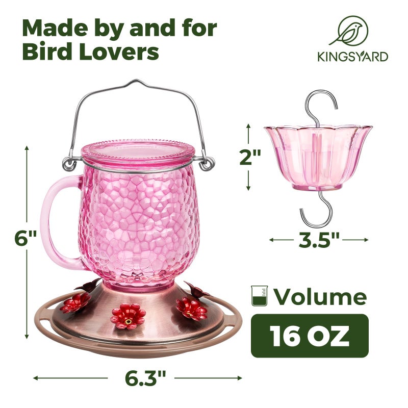 Kingsyard Glass Hummingbird Feeders for Outdoors, 16 Oz Wild Bird Feeder 6 Feeding Ports & Ant Moat Included, Hanging Bird Nectar Feeder for Garden Tree Yard Outside Decoration, Pink - Image 2