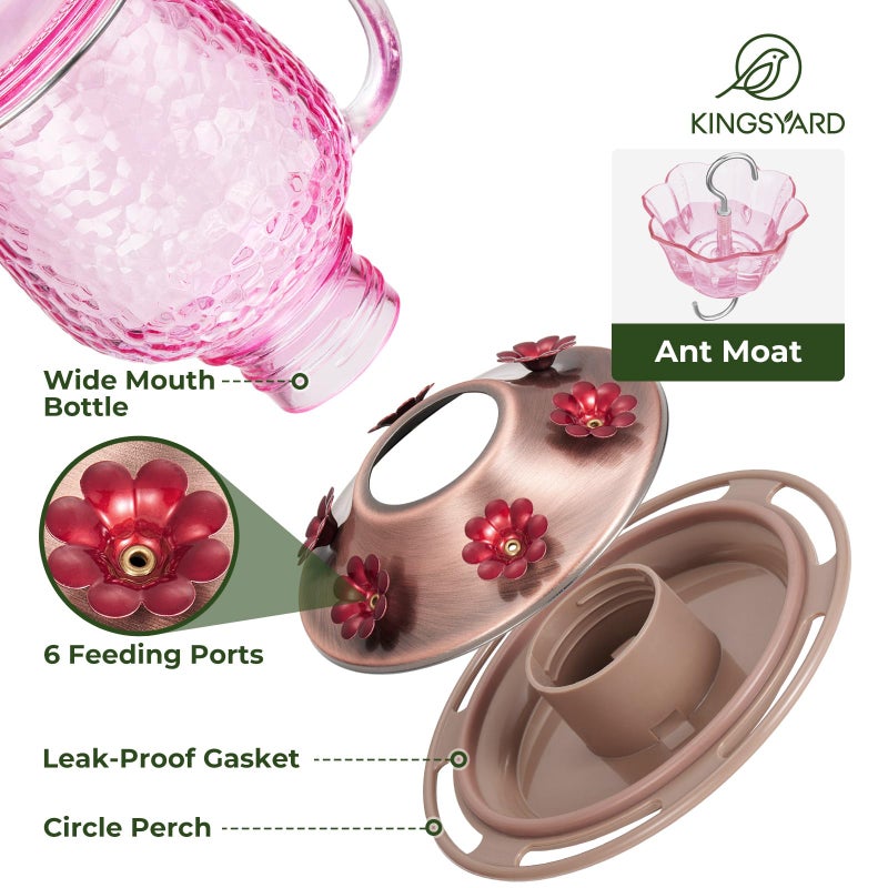 Kingsyard Glass Hummingbird Feeders for Outdoors, 16 Oz Wild Bird Feeder 6 Feeding Ports & Ant Moat Included, Hanging Bird Nectar Feeder for Garden Tree Yard Outside Decoration, Pink - Image 4