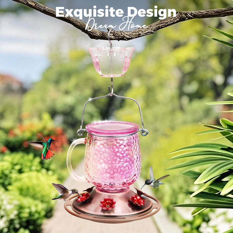Kingsyard Glass Hummingbird Feeders for Outdoors, 16 Oz Wild Bird Feeder 6 Feeding Ports & Ant Moat Included, Hanging Bird Nectar Feeder for Garden Tree Yard Outside Decoration, Pink - Image 3