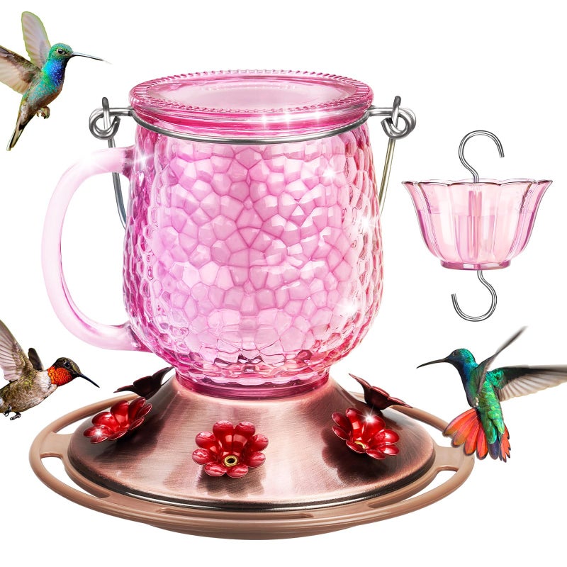 Kingsyard Glass Hummingbird Feeders for Outdoors, 16 Oz Wild Bird Feeder 6 Feeding Ports & Ant Moat Included, Hanging Bird Nectar Feeder for Garden Tree Yard Outside Decoration, Pink - Image 1