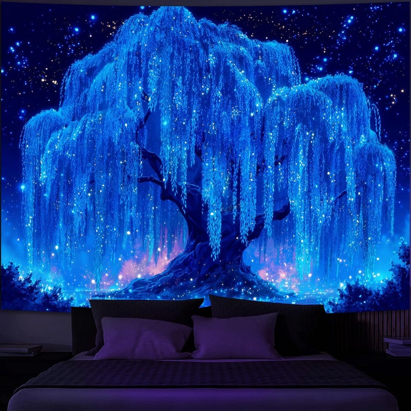 Simpkeely Blacklight Tree of Life Tapestry - UV Reactive Neon Willow & Galaxy Starry Night Wall Hanging, Mystical Aesthetic Wall Art for Bedroom, Living Room & Party Decor - 59.1" x 80" - Image 1