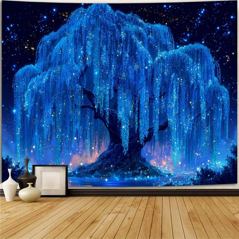 Simpkeely Blacklight Tree of Life Tapestry - UV Reactive Neon Willow & Galaxy Starry Night Wall Hanging, Mystical Aesthetic Wall Art for Bedroom, Living Room & Party Decor - 59.1" x 80" - Image 3