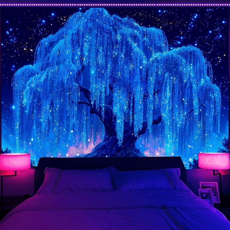 Simpkeely Blacklight Tree of Life Tapestry - UV Reactive Neon Willow & Galaxy Starry Night Wall Hanging, Mystical Aesthetic Wall Art for Bedroom, Living Room & Party Decor - 59.1" x 80" - Image 4