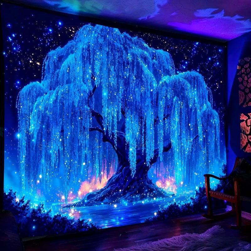 Simpkeely Blacklight Tree of Life Tapestry - UV Reactive Neon Willow & Galaxy Starry Night Wall Hanging, Mystical Aesthetic Wall Art for Bedroom, Living Room & Party Decor - 59.1" x 80" - Image 2
