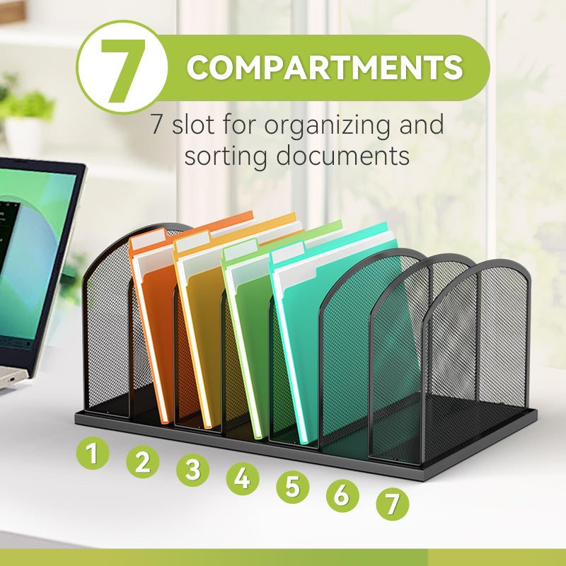 MINDEPOT Desk File Organizer 7 Sections Upright Mesh File Sorter Organizer for Desk, Office Organization File Holder for Home, Office & Classroom (Black, 1Pack) - Image 5