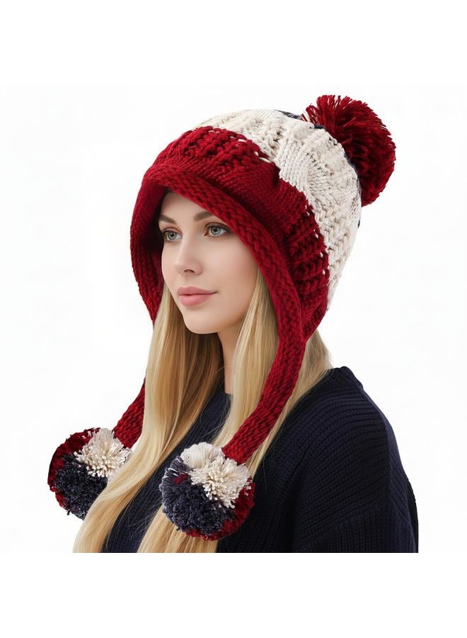 Huamulan Women Winter Sherpa Beanie Hats Knit Ear Flaps Peruvian Cover Ears Warm Fleece Lined Ski Snow Hat 3 Pompoms - Image 1