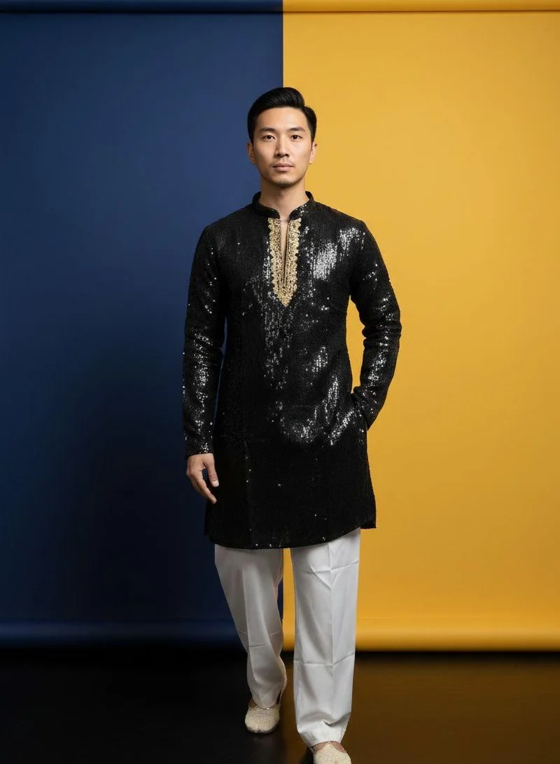 Lehar Men's Jet Black Sequin Embellished Kurta with Zari Neckline