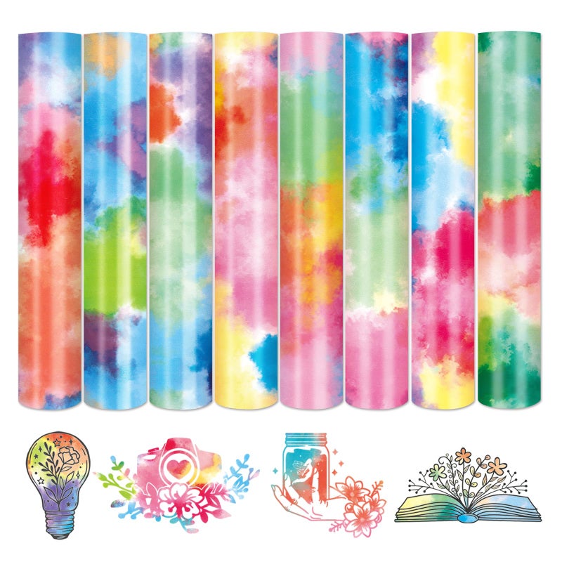 فينيل نقل الحرارة بتقنية التاي داي من تينت نات 8 أوراق 10x12 بوصة فينيل HTV للأقمشة القابلة للكي بتصميم قوس قزح متوافق مع كريكت أو سيلويت كاميوا