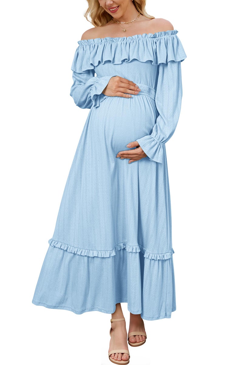 OUGES Women's Fall Baby Shower Maternity Dress Cotton Blend Off Shoulder Long Sleeve Ruffle Smocked Tiered Maxi Photoshoot Wedding Guest Formal Dresses Pregnancy Clothes 2025(Blue,L) - Image 1