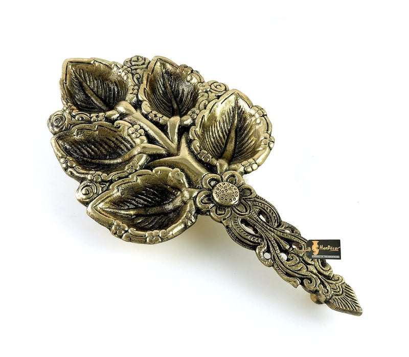 Two Moustaches Brass Leaf Design Pooja Aarti Spoon Antique White - Image 1
