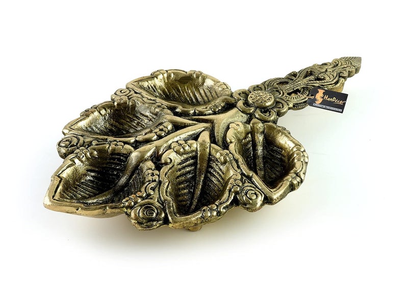 Two Moustaches Brass Leaf Design Pooja Aarti Spoon Antique White - Image 2