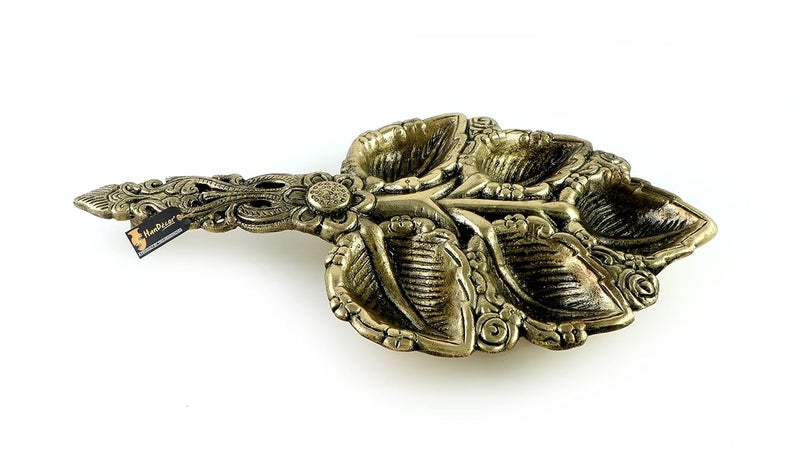 Two Moustaches Brass Leaf Design Pooja Aarti Spoon Antique White - Image 3