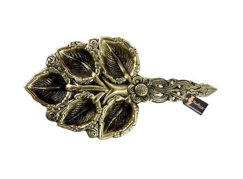 Two Moustaches Brass Leaf Design Pooja Aarti Spoon Antique White - Image 4