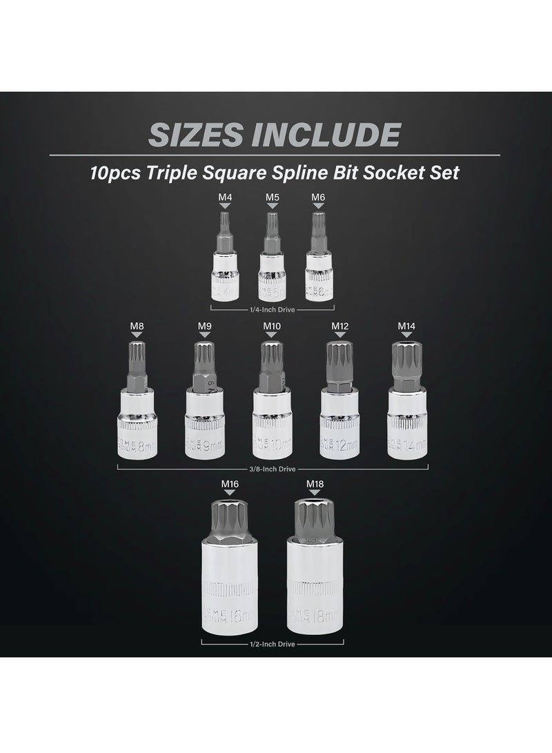XZN Triple Square Spline Bit Socket Set, 10 Piece, M4 to M18, Includes 1/2, 1/4, and 3/8 Inch Drive, Premium S2 and Cr V Steel  - Image 2