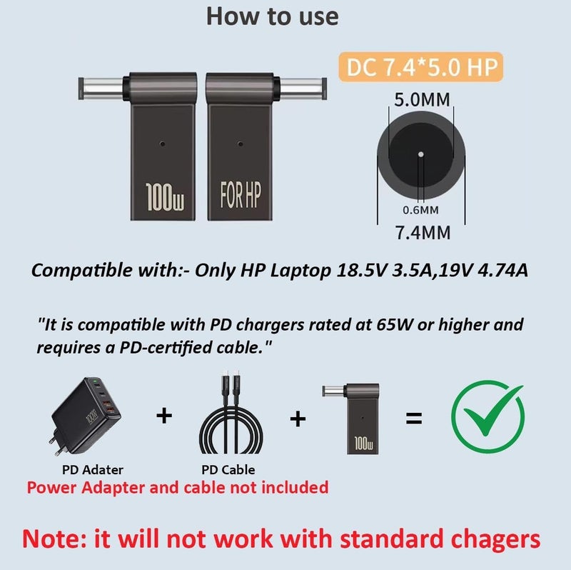 Tobo 100W PD USB Female Type-C to Male DC Power Supply Converter Charging Adapter Plug Notebook and Laptop Tip Connector Compatibility of Laptop Charger pin hp19.5V 3.34A,19.5V 4.62A,etc TD-1264CC - Image 4